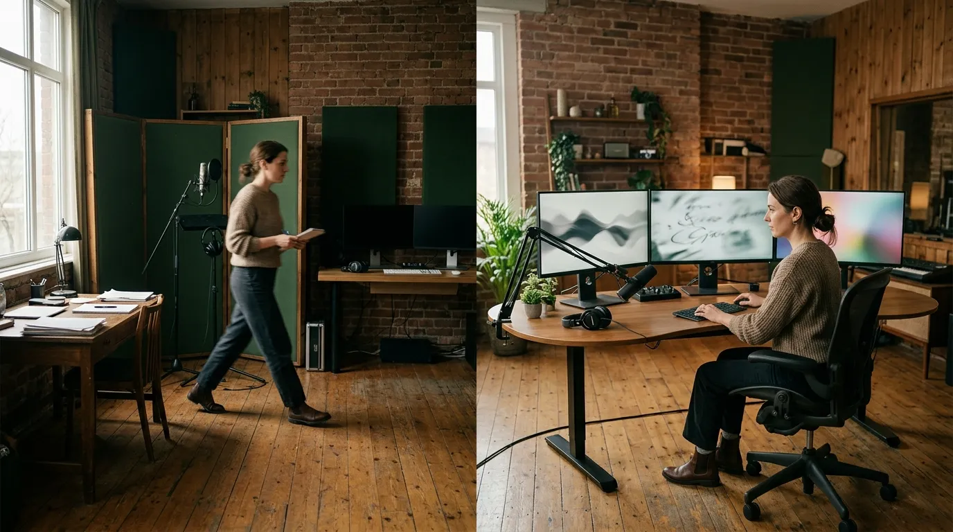 Split scene compares filmed presenter and empty studio, contrasting AI avatars for training