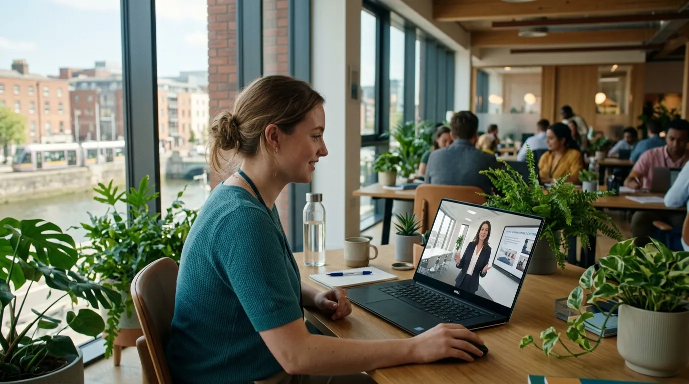 Online Safety Training for Irish Professionals – Learn from Anywhere in Dublin Young Irish professional in a teal top learning on a laptop by a Dublin canal window with the Luas tram visible behind her