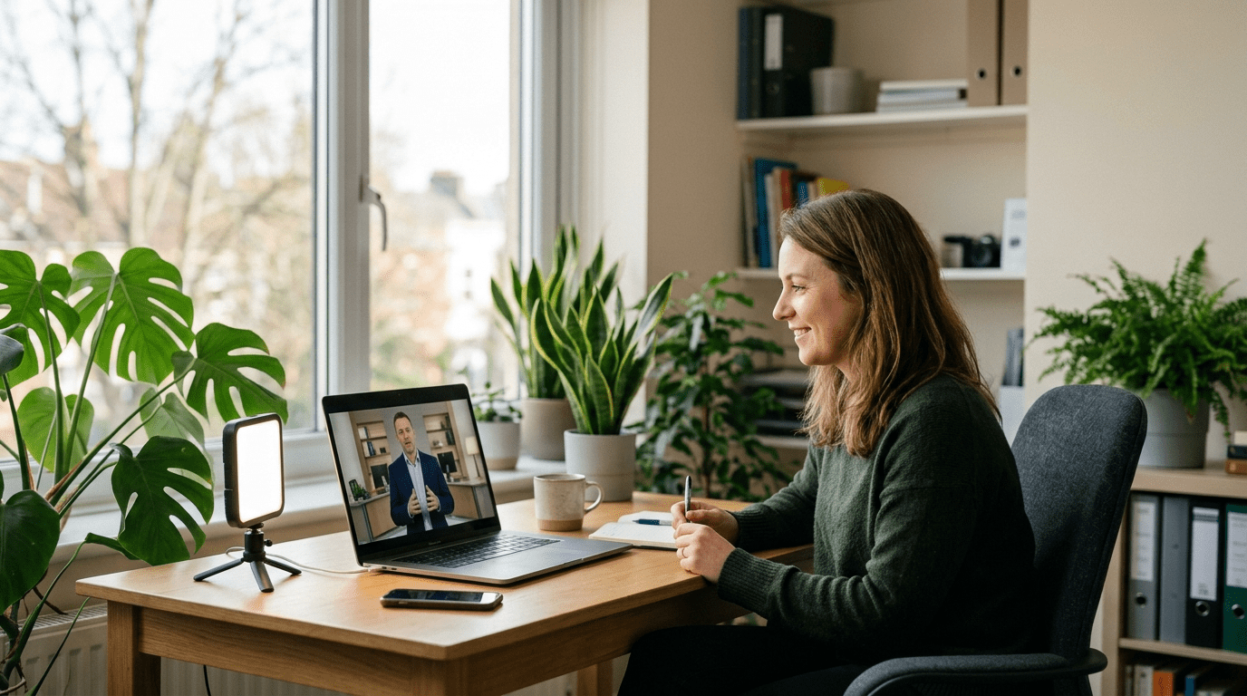 Woman recording video at a home desk setup with ring light, laptop, and plants for e-learning content