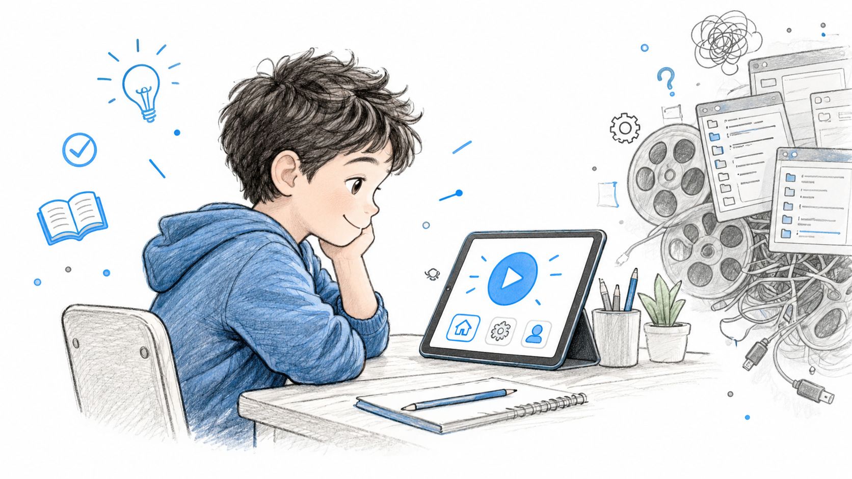A young boy thoughtfully watches an e-learning video on a tablet while sitting at his desk.
