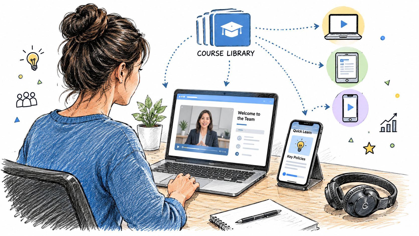 A woman using a laptop to participate in online employee onboarding training from a course library.