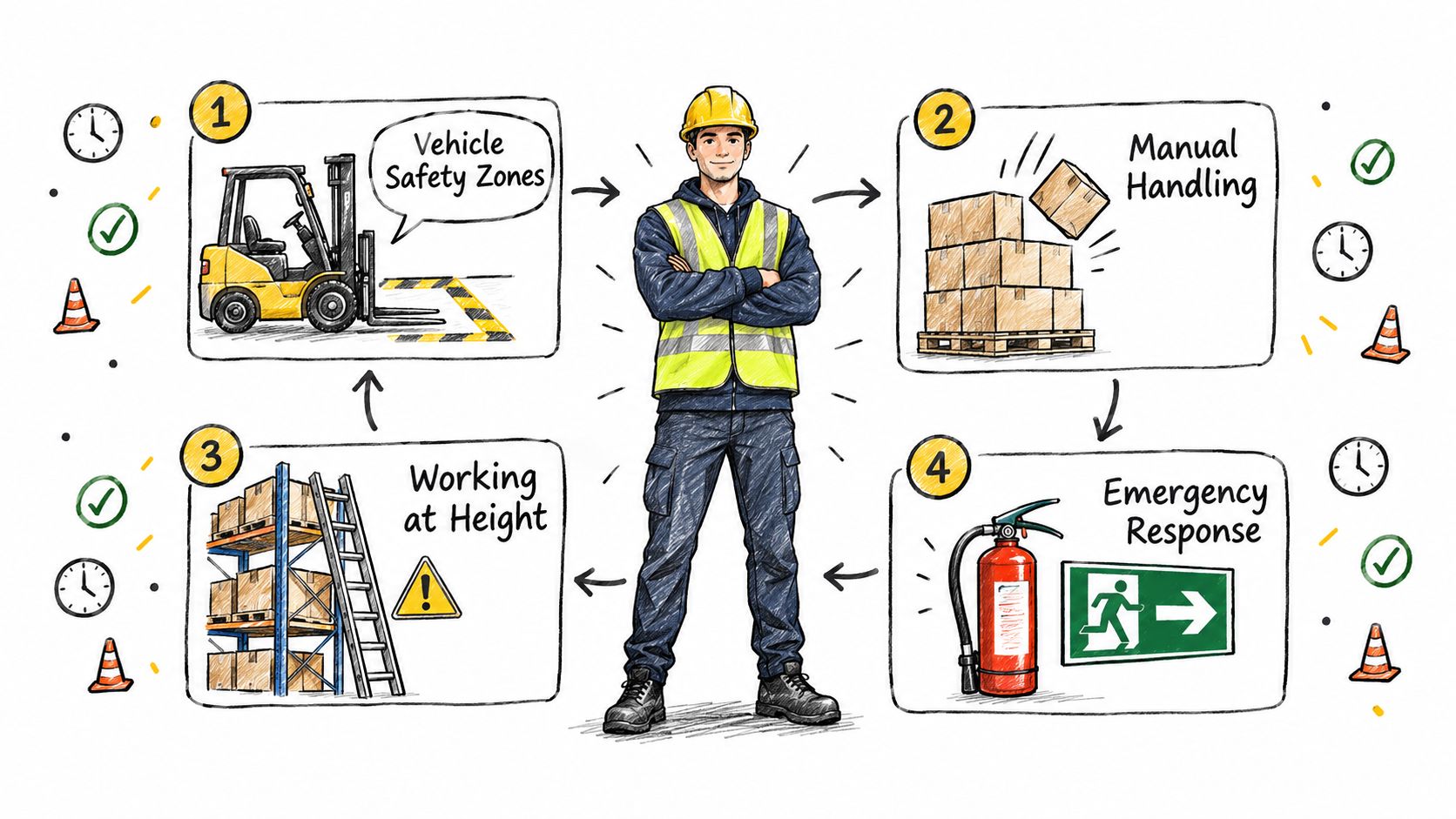 A safety infographic illustrating four key warehouse workplace safety protocols including vehicle zones, manual handling, heights, and emergency response.