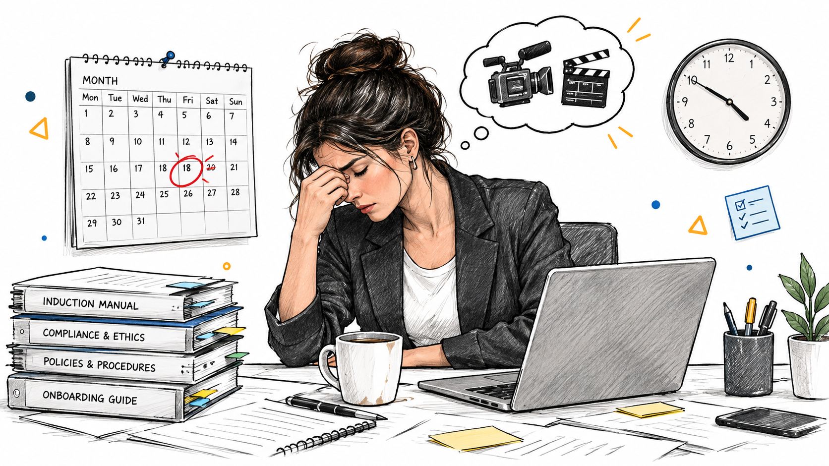 A stressed woman working at her desk with a calendar, documents, and a video production thought bubble.